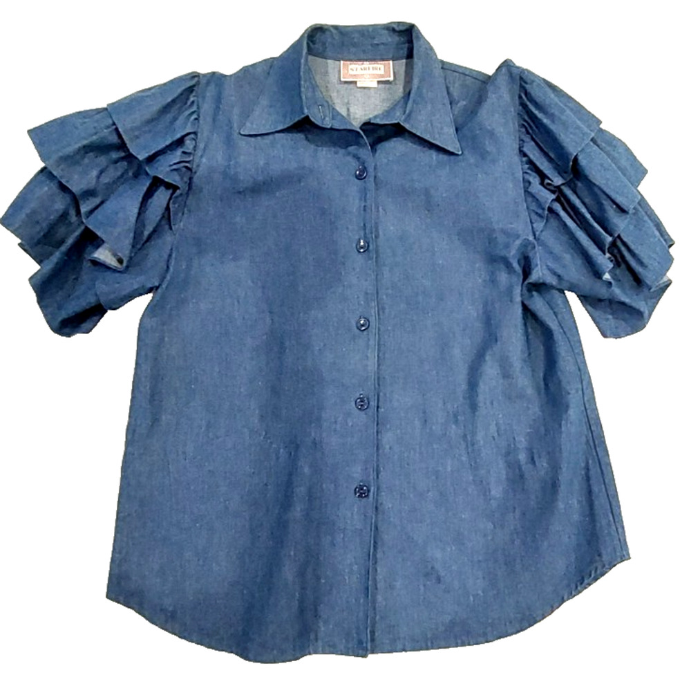 Starfire Women's Denim Top Chambray‎ Button Down Ruffled Short Sleeves Sz 12 VTG